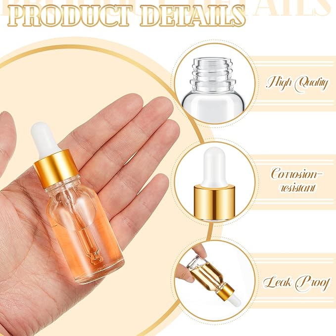 100 Pcs Mini Glass Oil Dropper Bottle Bulk, Clear Essential Small Empty Bottles Sample Containers Perfume Liquid Vials with Cap for Traveling (15 ml,Gold)