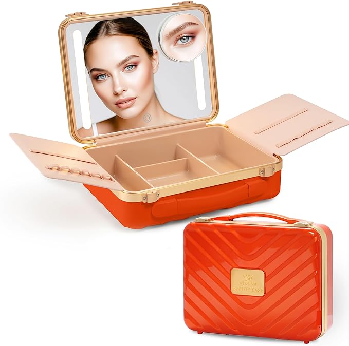 Makeup case with Light up Mirror Rechargeable with smart storage, Three light mode Mirror (Acrylonitrile Butadiene Styrene, Orange)