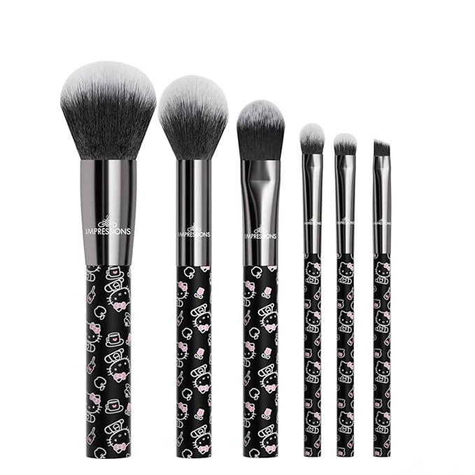 Impressions Vanity Hello Kitty The Favorites 6 PCs Makeup Brush Set, Hello Kitty Signature Bow Super Soft Brushes for Foundation, Face Powder, Blending, Eye shadow, and Liner Application (Black)