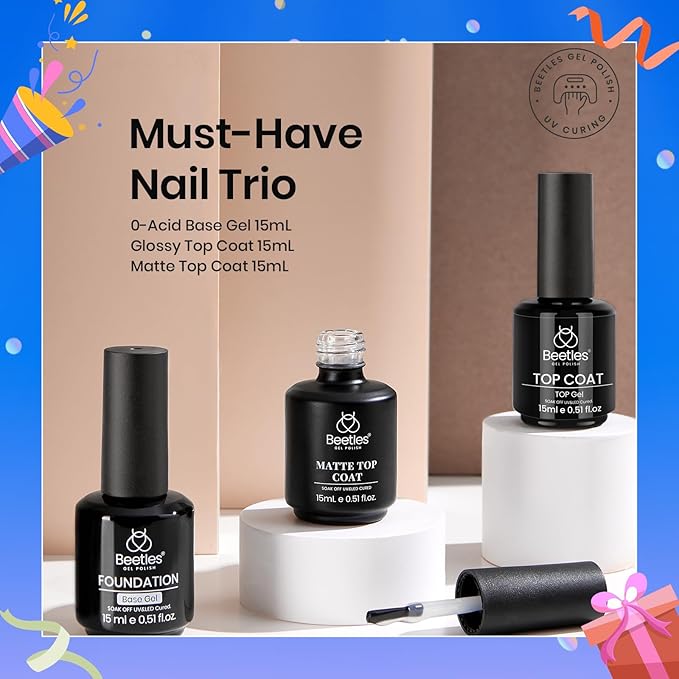 Beetles Matte Gel Top Coat No Wipe Top Coat Gel Nail Polish & Base Coat Set, 3Pcs 15ml Nail Polish Long Lasting Basic Combination, Soak Off LED Nail Lamp Art DIY Design Gifts for Women Her