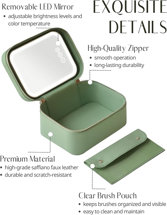 Popvibe Travel Vanity Case with Mirror and Light, Compact Traveling Makeup Bag Set with Brush Holder, Sage Green Leather Cosmetic Case Lighted Up Makeup Vanity Bag Portable Make Up Box Train Case Cute