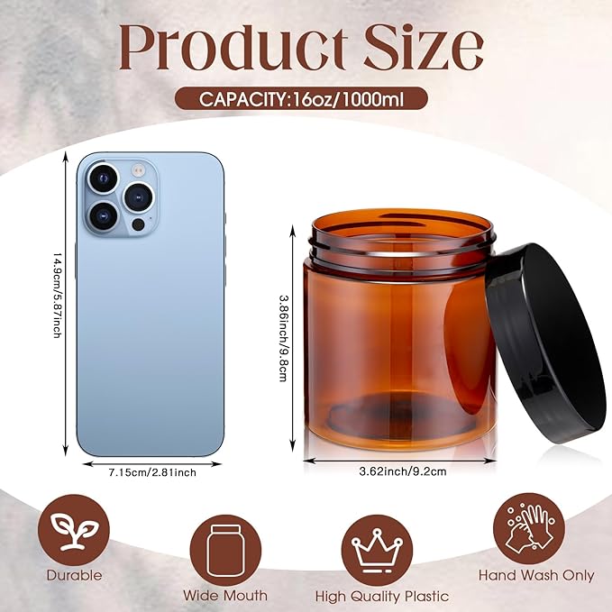 Patelai 4 Pieces Round Wide-mouth Leak Proof Plastic Container Jars with Lids for Travel Storage Makeup Beauty Products Face Creams Oils Salves Ointments DIY Making(16 Ounce,Amber)