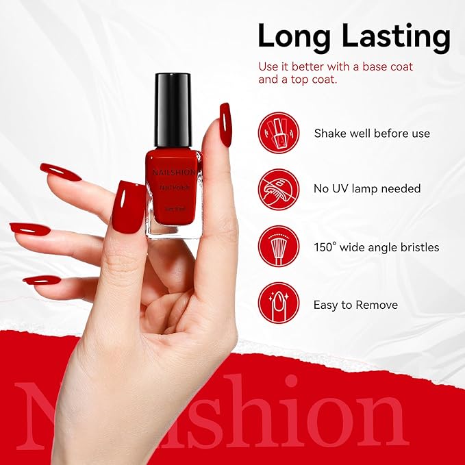 Red Nail Polish French Nail Art Regular Nail Polish 9-Toxic Free Vegan Enrich with Castor Oil Fast Dry Classic Toe Fingernail Polish Manicure Salon DIY Design at Home Gift for Girls Woman