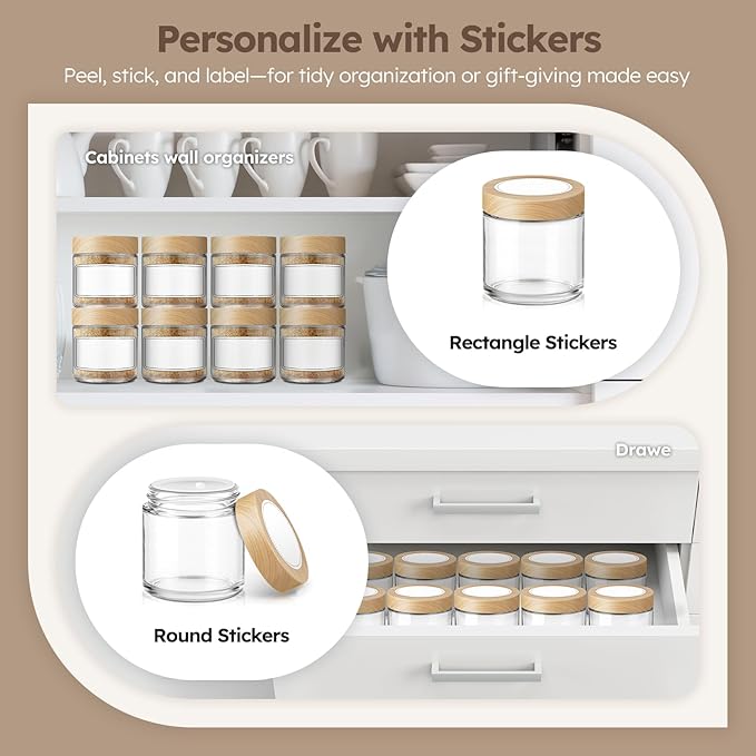 4 oz Glass Jar with Bamboo Lids, 48 Pack Small Glass Candle Jars with Lids & Sticker, Empty Cosmetic Containers for Sample, Cream, Spice, Lotion, Ointments