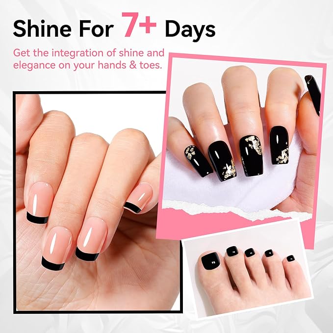 Black Nail Polish French Nail Art Shiny Class Black Nail Strengthening 9-Free Vegan Rich in Castor Oil Fast Air Dry Classic Toe Fingernail Polish Non-gel DIY at Home Gift for Girls Women