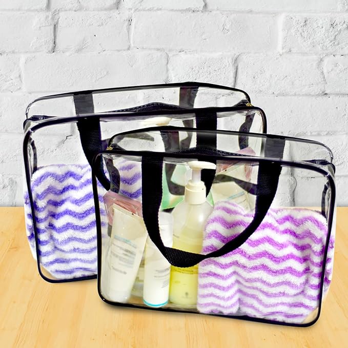 GEMLORD 12 Pieces Large Clear Cosmetic Organizer Makeup Bag, Clear PVC Travel Toiletry Bags with Zipper and Handle, Plastic Tote Bags for Beach, Traveling, Shopping, Storage