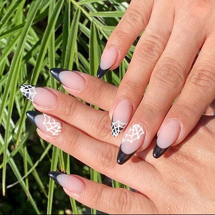 Almond Press on Nails Medium Length Black French Tip Halloween Fake Nails Full Cover Acrylic Nails Glue on Nails with Spider Web Design False Nails Glossy Stick on Nails for Women Girls 24 Pcs