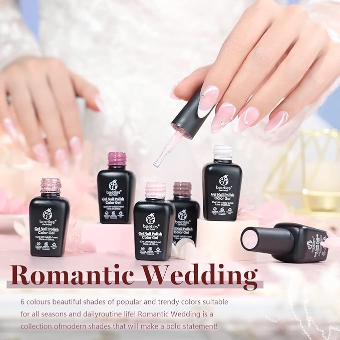 Beetles Romantic Wedding Gel Nail Polish Set 6 Colors Classic French White Soft Pink Glitter Bridesmaid Gel Polish Kit Nail Art Soak Off UV DIY Home Manicure Kit Gifts for Women