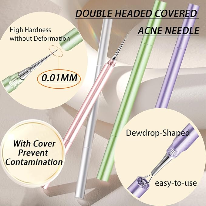 2-in-1 Professional Stainless Steel Acne Removal Needle, Whitehead&Blackhead Remover Tool, Pimples Comedone Extractor Removal Tool, Double Ended Needle with Cap Removal for Nose Face Tools(Rose Gold)