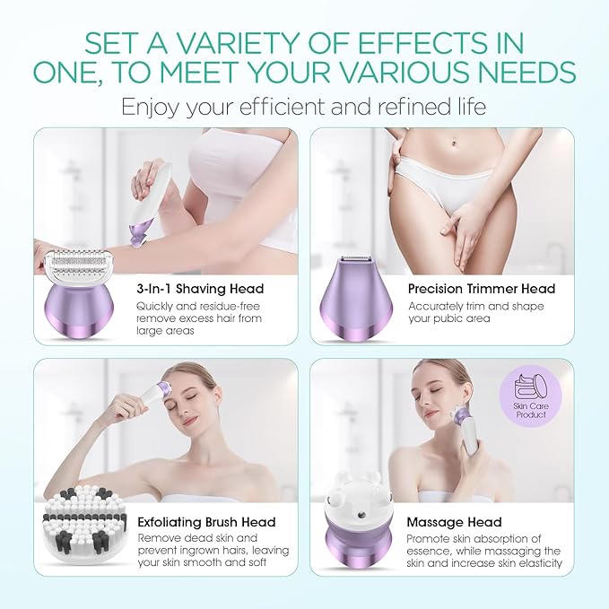 VOYOR Electric Razors for Women 4 in 1 Bikini Trimmer, Foil Shaver for Women 4 Replacement Heads for Body, Pubic Hair Trimmer, Cleansing, Massage 2 Adjustable Speeds Rechargeable Shaver ES501 (Purple)