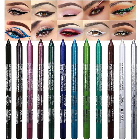 Kaely 12Pcs Glitter Gel Eyeliner Pencil Set for Women, Color Eye Liner Waterproof Smudge Proof with Sharpener, High Pigmented Eye Makeup Liners, lapiz de ojos delineador de ojos contra el agua, 01