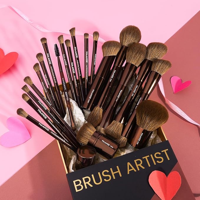 MAANGE 20 PCS Foundation Makeup Brush Set, Double-ended Kabuki Brush Contour for Liquid Powder Concealer Cream Blending Blush Makeup Tools (Brown)