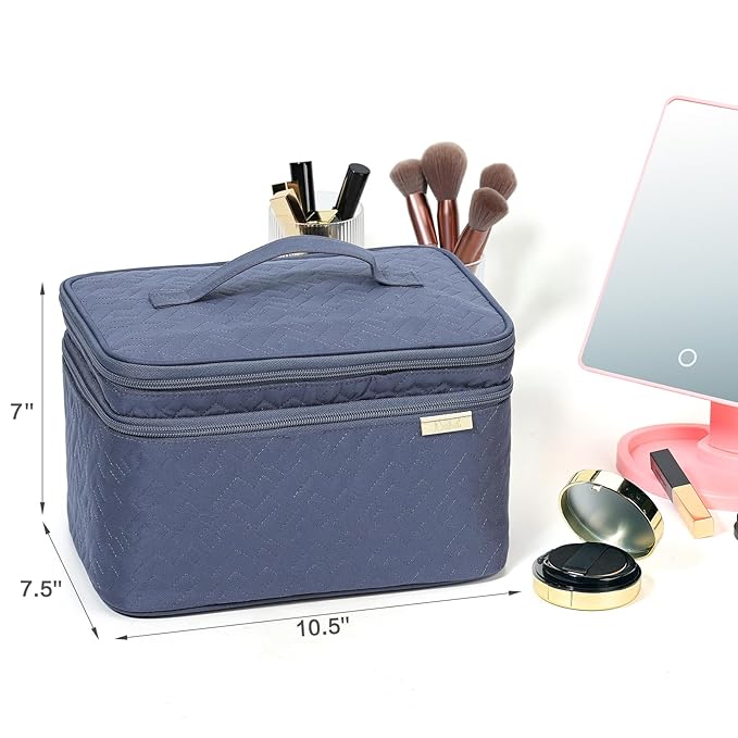 NISHEL Large Double Layer Travel Makeup Bag Women, Cosmetic Case, Organizer for Travel-Size Accessories Bottles, Brushes, Conditioner, and Skin Care Products, Aegean-Blue