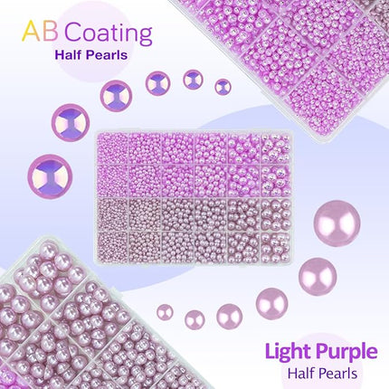 qiipii 2 Styles Solid Purple+ Light Purple AB Flatback Pearls for Bedazzling Crafting 3mm-10mm Half Round Beads Gems Bedazzler Kit for Nails Face Eyes Makeup Tumblers Bottles DIY Crafts Shoes﻿ Phones