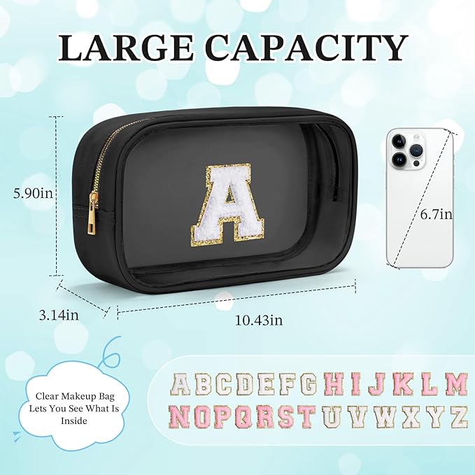 YOOLIFE Travel Toiletry Bag for Women, Black Clear Makeup Bag Cute Make Up Bag for Women Cosmetic Bags Skin Care Makeup Bag Organizer Birthday Gifts for Women Teacher Mother Girlfriend Initial T