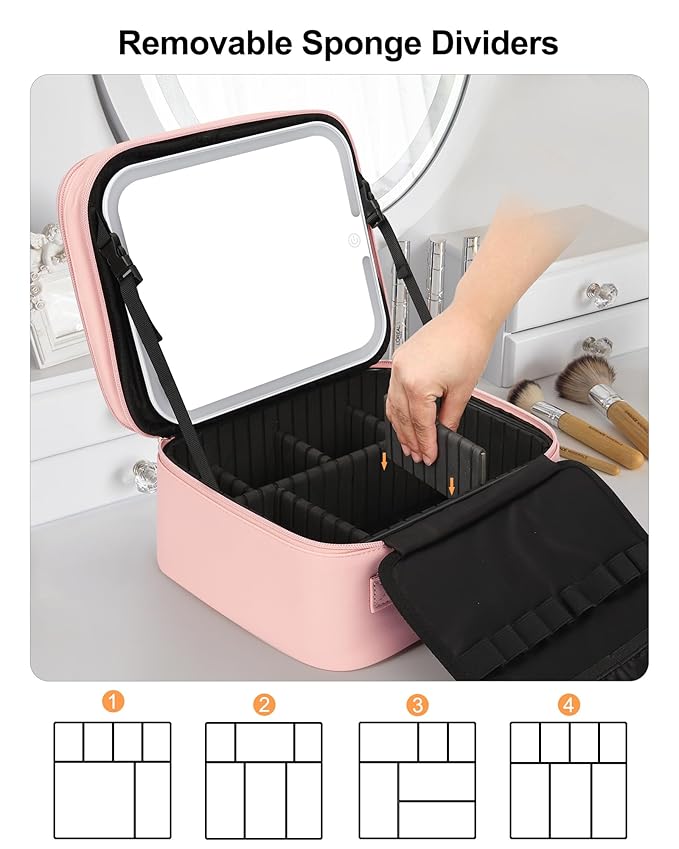 Relavel Makeup Bag with LED Mirror, Small Travel Makeup Case with Rechargeable Lighted Mirror 3 Color Lights, Double Layer Cosmetic Box Makeup Brush Lipstick Holder Organizer for Women, Pink