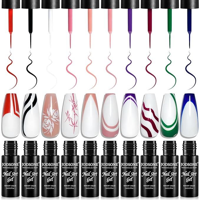 JODSONE Nail Art Gel Liner Set 10 Colors White Red Black White Gel Nail polish Need U V Lamp Cured with Thin Brush