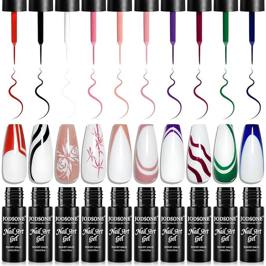 JODSONE Nail Art Gel Liner Set 10 Colors White Red Black White Gel Nail polish Need U V Lamp Cured with Thin Brush