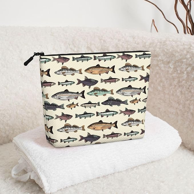 MOLAIGIN Vintage Bass Fish Bait Fishing Cosmetic Bag For Women, Travel Makeup Bag, Toiletry Zipper Bag, Large Capacity Aesthetic Cases