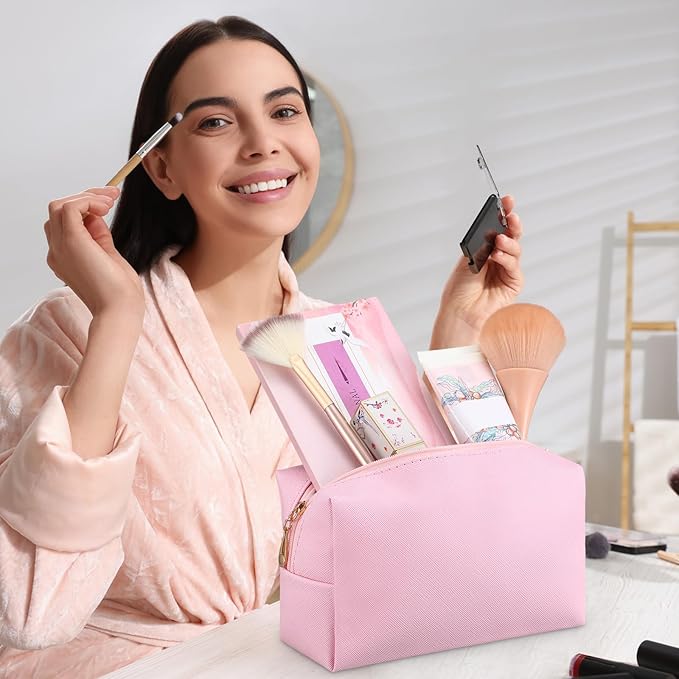 Cunno 50 Pcs Makeup Bag Bulk PU Leather DIY Cosmetic Plain Preppy Makeup Pouch Portable Waterproof Toiletry Bags for Women Travel Pencil Case Cosmetic Organizer (Pink Purple)