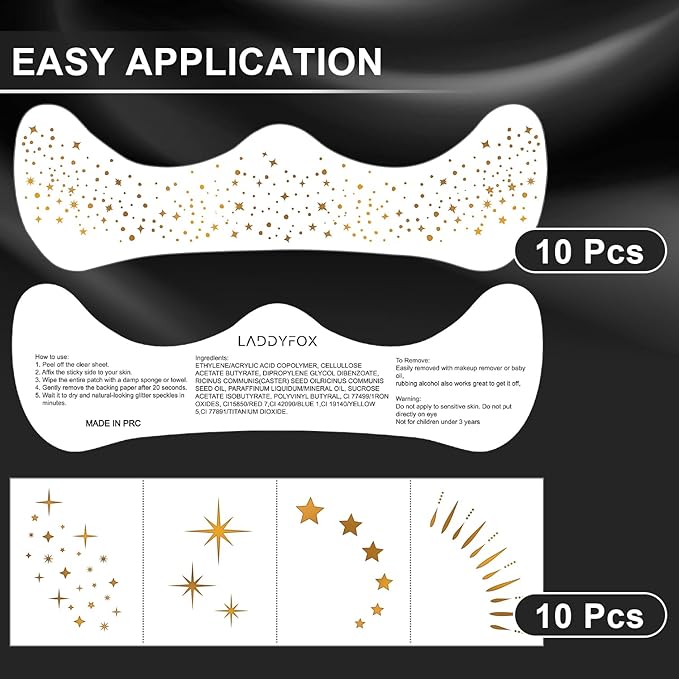 20 Pcs Gold Face Makeup Patches, Glitter Freckles Face Tattoo Gold Makeup, Glitter Freckles, Sparkle Makeup Patches, Waterproof Face Glitter Freckles Patches for Women