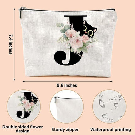Floral Cat Initial Makeup Bag, Personalized Skin Care Bag, Travel Organizer Toiletry Bags for Women Mom Friends, Cosmetic Bags Makeup Pouch with Zipper, Letter J