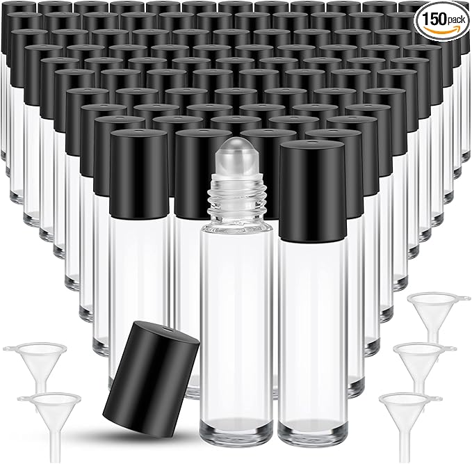 Sumind 150 Pcs Essential Oil Roller Bottles 10 ml Glass Empty Roll on Bottles with Stainless Steel Balls Leak Proof with 5 Funnel for Travel Essential Oil(Clear)