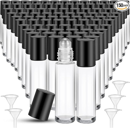 Sumind 150 Pcs Essential Oil Roller Bottles 10 ml Glass Empty Roll on Bottles with Stainless Steel Balls Leak Proof with 5 Funnel for Travel Essential Oil(Clear)