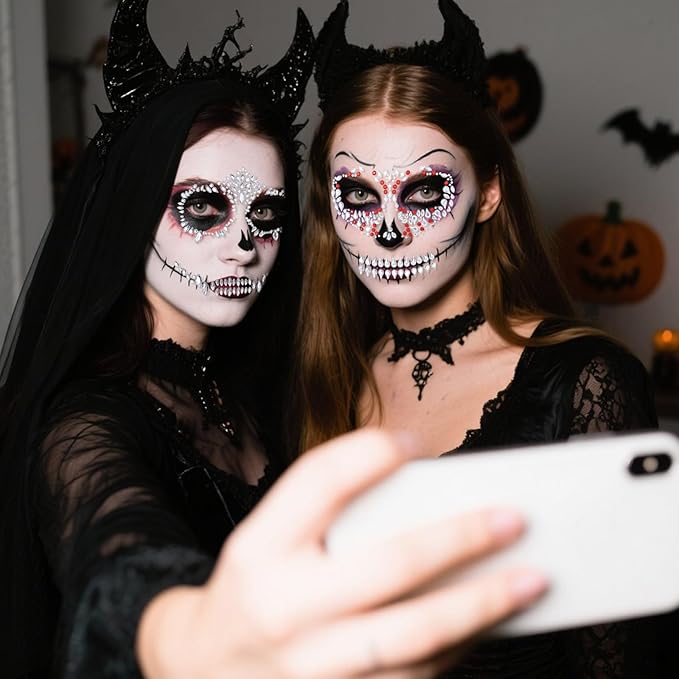 4 Pcs Halloween Face Gems Tattoos,Day of the Dead Face Temporary Skull Halloween Rhinestone Face Jewels Tattoos Body Makeup Stickers for Halloween Rave Party