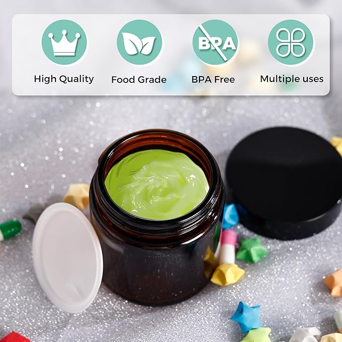 Amber Glass Jars with lids, 24 Pack 4oz Empty Cosmetic Jars, Refillable Airtight Wide Mouth Container for DIY, Sample, Cream, Lotion, Candle Making, Powder, Cosmetic
