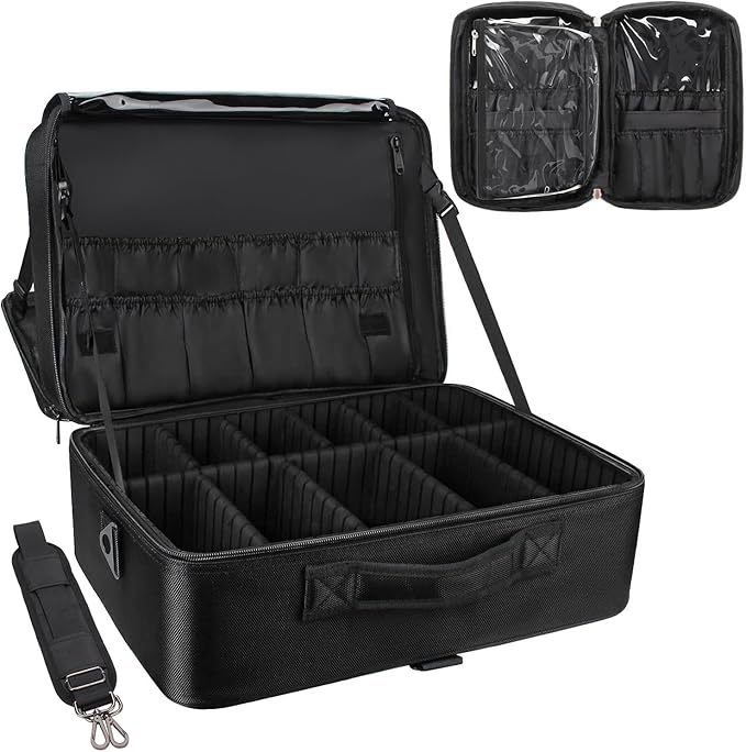 Relavel Extra Large Makeup Case with Makeup Brush Bag, Travel Makeup Train Case Professional Makeup Artist Bag Portable Nail Organizer Box Art Supply Case (Black with Makeup Brush Bag)