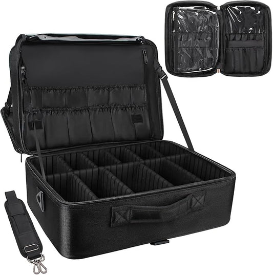 Relavel Extra Large Makeup Case with Makeup Brush Bag, Travel Makeup Train Case Professional Makeup Artist Bag Portable Nail Organizer Box Art Supply Case (Black with Makeup Brush Bag)