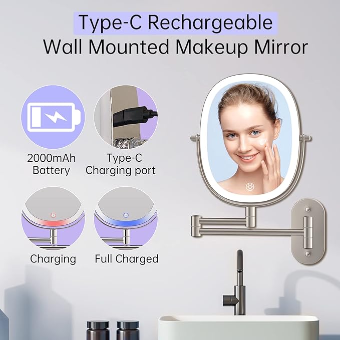 Lighted Wall Mounted Makeup Mirror, Double Sided 1X/7X Magnifying Mirror, 3 Color Lighting Option Dimmable, 360 Rotation Extension Foldable Arm, Oval Frame Rechargeable Vanity Mirror with Lights