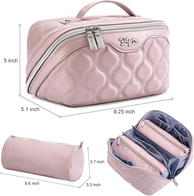 Travel Makeup Bags for Women Cosmetic Bag: Puffy Make up Bags Set of 3 - Vegan Leather Makeup Organizer - Waterproof Large Toiletry Bag with Compartments - Travel Essentials (Pink)