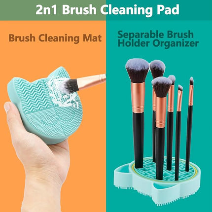 TailaiMei 2 in 1 Makeup Brush Cleaning Mat With Drying Holder, Silicon Cat Shaped Cleaner Pad, Cosmetic Organizer Rack, Portable Washing Tool for Makeup (Green)