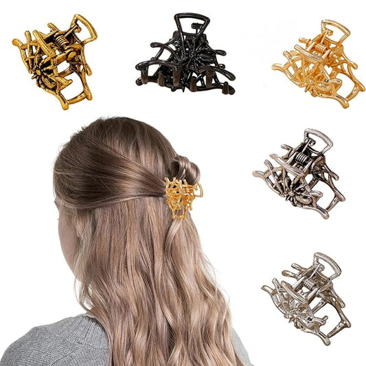 5 Pcs Halloween Hair Claw Clips Hair Accessories for Women Girls, Gothic Black Gold and Silvery Metal Spider Small Size Catch Clips for Hair Styling Tool Holiday Gifts