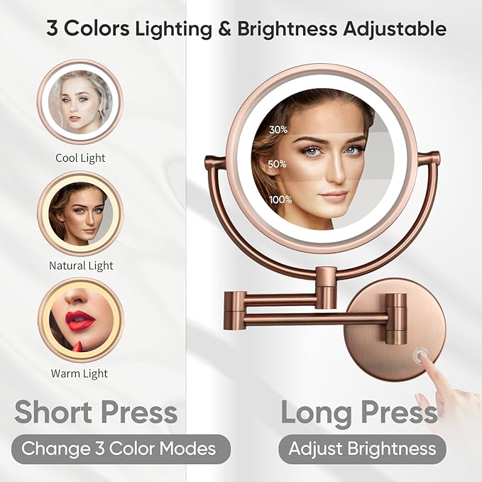 GURUN Wall Mounted Hardwired Makeup Mirror with 3 Tones Dimmable LED Lights 10x Magnifying Mirror with Touch Control for Bathroom Bedroom 13" Extendable Arm M1809DB-9x10MR-T(10x,Matte Rose Gold)