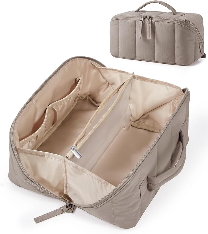 BAGSMART Travel Makeup Bag for Women, Portable Water-resistant Cosmetic Case, Puffy Padded Make Up Organizer Pouch, Open Flat Toiletry Bag for Toiletries, Brushes, Brown