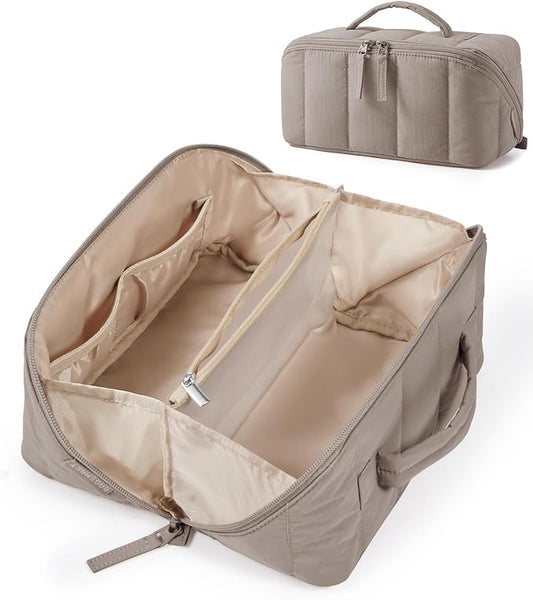 BAGSMART Travel Makeup Bag for Women, Portable Water-resistant Cosmetic Case, Puffy Padded Make Up Organizer Pouch, Open Flat Toiletry Bag for Toiletries, Brushes, Brown