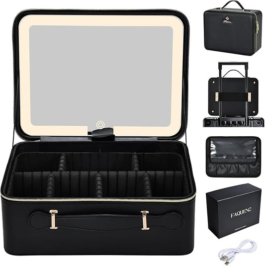 11.4 Inch Extra Large Makeup Bag with LED Lighted Mirror Leather Cosmetic Train Case Light up Mirror Portable Makeup Artist Storage Bag with Dividers Makeup Brush Holder Vanity Black
