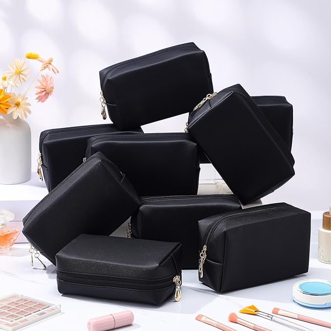 Kigeli 15 Pcs Aesthetic Makeup Bags PU Leather Cosmetic Pouches Waterproof Plain Toiletry Bags Makeup Pouches Bulk for Women Party Gift Travel Storage Organizer (Black)