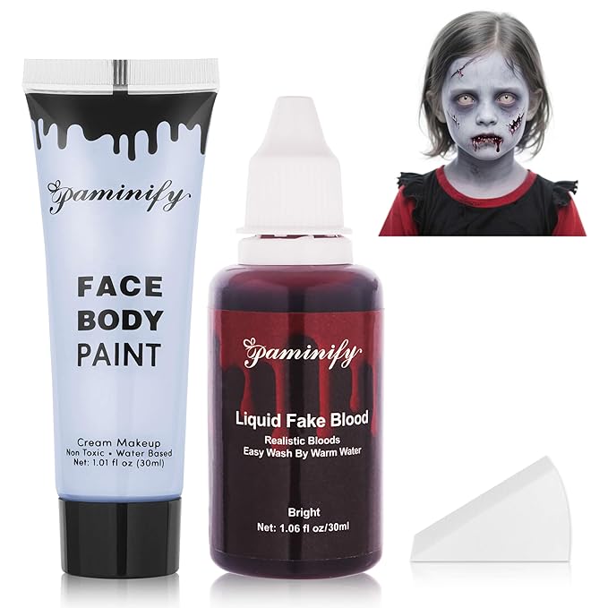 Halloween Zombie Makeup Kit,1.01oz Zombie Grey Blue Face Body Paint and 30ml Washable Dripping Fake Blood with sponge,Light Gray Face Painting SFX Cream Makeup with Stage Blood for Vampires