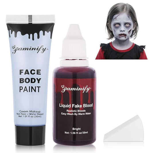 Halloween Zombie Makeup Kit,1.01oz Zombie Grey Blue Face Body Paint and 30ml Washable Dripping Fake Blood with sponge,Light Gray Face Painting SFX Cream Makeup with Stage Blood for Vampires
