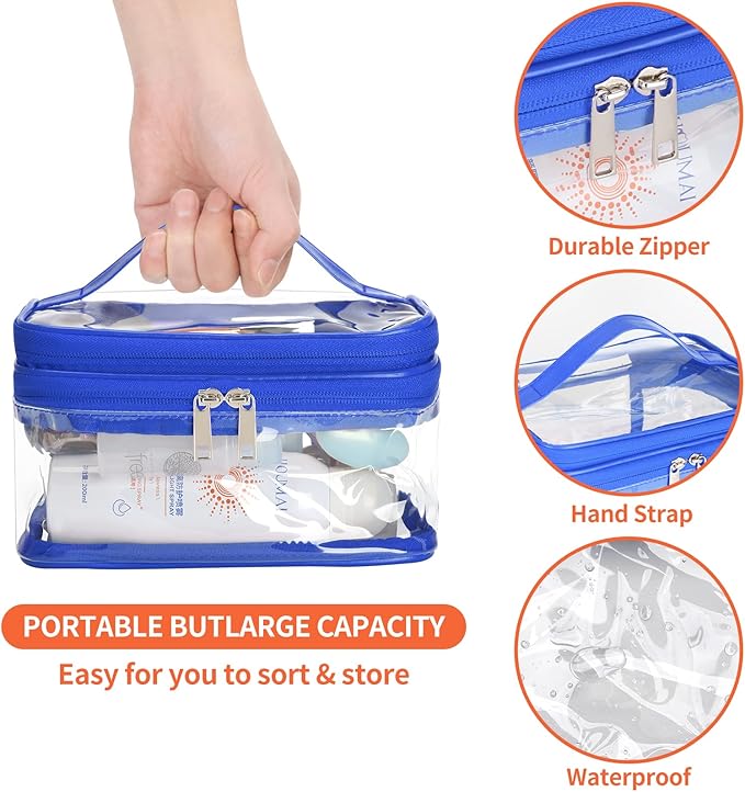 HAOGUAGUA Double Layer Clear Cosmetic Bag Makeup Bag, Waterproof Travel Toiletry Bag, Transparent PVC Pouch Organizer (Blue)