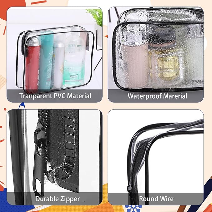 16 Pieces Clear Makeup Bags Bulk, TSA Approved Toiletry Bag for Travel, PVC Waterproof Travel Small Pouches Clear Pouch with Zipper for Men and Women Carry-on Travel Essentials Cosmetic Bags (Black)