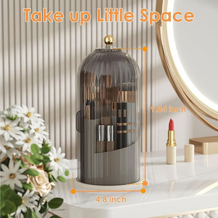 Makeup Brush Holder with Lid 360 Rotating Clear Dustproof Make Up Organizers for Vanity Bathroom Countertop, Gray