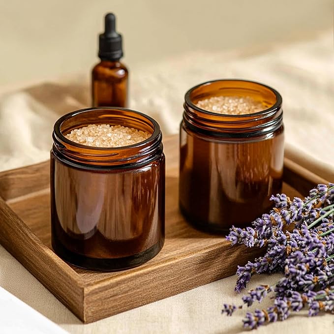 KEYWING 30Pack Amber Glass Jars with Black Lids, 8 oz Empty Cosmetic Jars with Inner Liners, Round Lotion Containers for Cream, Powders and Ointments