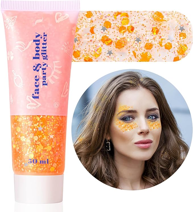 MEICOLY Orange Face Body Glitter,Sparkling Face Glitter Gel,Mermaid Sequins Face Paint Glitter Autumn Makeup,Eye Hair Chunky Festival Rave Accessories Makeup,Party Body Glitter Gel for Women Kids,50ml