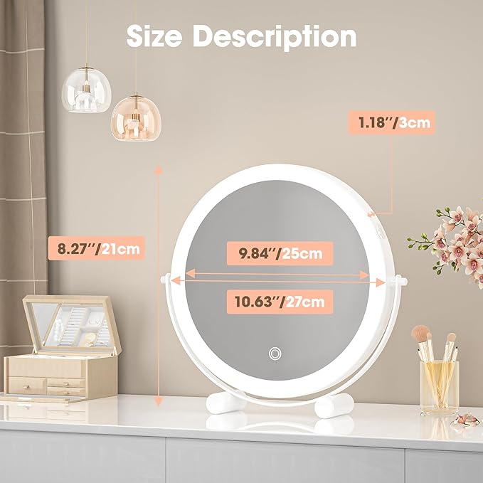 Hasipu 10-inch Lighted Makeup Mirror with 7X Magnification, White Frame Rechargeable 3000 mAh Vanity Mirror with Lights, Desk Mirror with Dimmable Brightness, 3 Lighting Modes