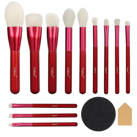 14-Piece Daily Makeup Brush Set - Essential Cosmetic Brushes Kit for Foundation, Concealer, Eyeshadow & Powder Blush, Professional Face Blending Brushes Kit for Women(Red)